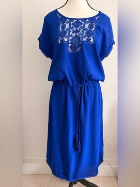 Royal Blue Embroidered Waist-Tie Dress